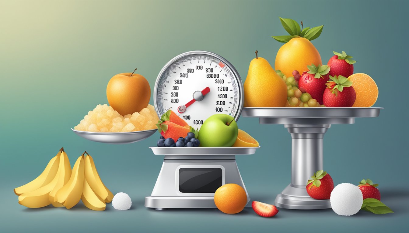 A scale with a pile of sugar on one side and a pile of fruit on the other