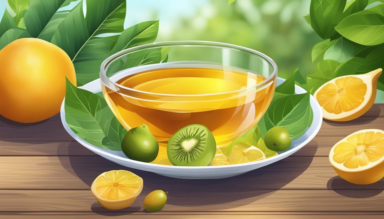 A bowl of fresh fruit and a jar of honey on a wooden table, surrounded by green leaves and a glass of water