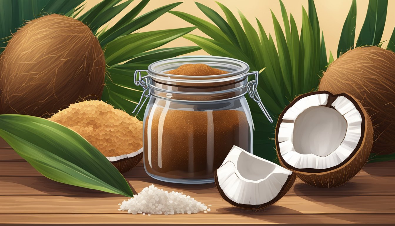 A jar of coconut sugar surrounded by fresh coconut pieces and a pile of ripe coconuts on a wooden table