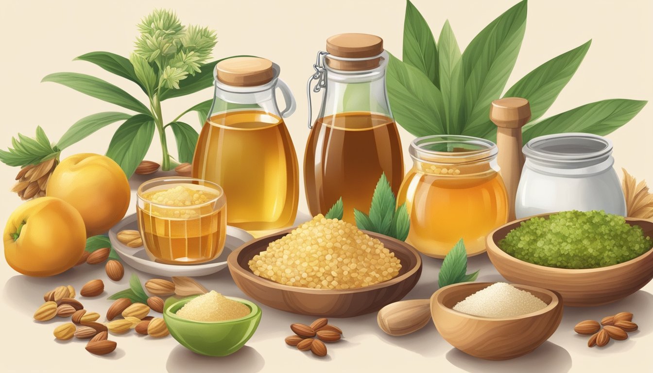 A table set with various natural sweeteners like honey, agave, and stevia, alongside fruits and nuts. A nutritionist explains their benefits to a client