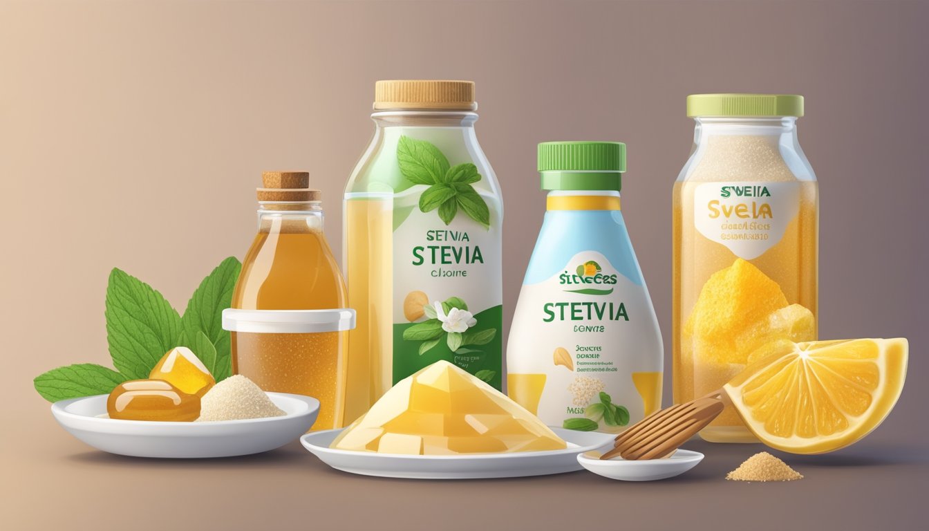 Various sweeteners (sugar, honey, stevia) next to balanced diet foods. Calorie and sweetness comparisons visually displayed