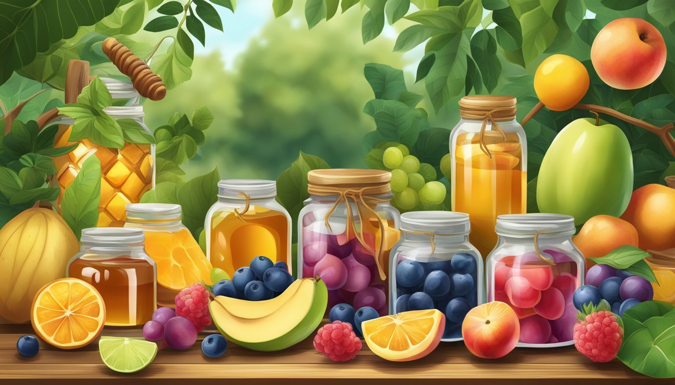 A colorful array of fruits and honey jars arranged on a wooden table, surrounded by greenery and natural elements