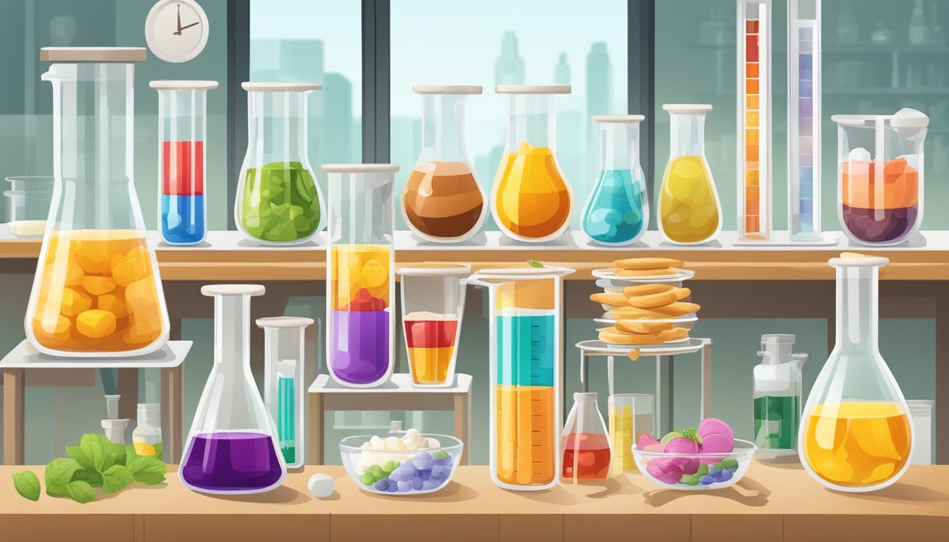 A laboratory setting with various test tubes and beakers, containing different food and drink samples, alongside charts and graphs displaying calorie and sweetness data