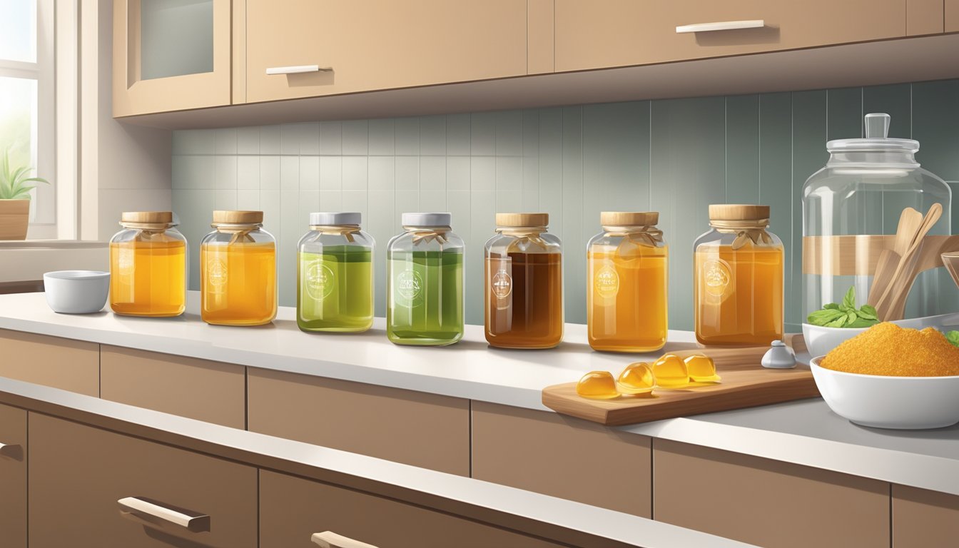 A modern kitchen with a variety of natural sweeteners displayed on a countertop, including honey, stevia, and maple syrup