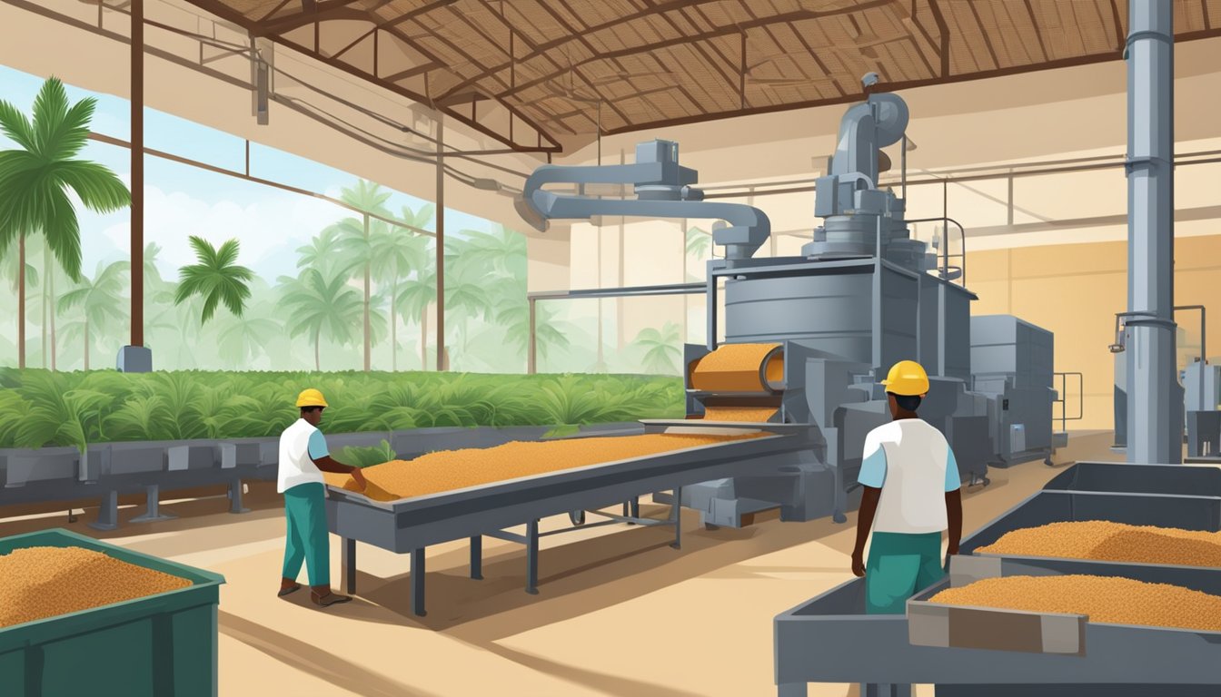 A coconut sugar factory with workers processing and packaging the product. Machinery and coconut trees in the background