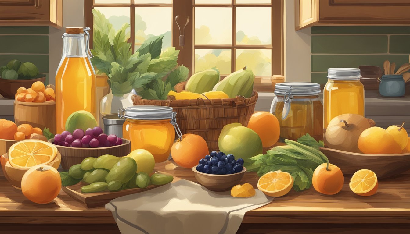 A rustic kitchen table with an assortment of seasonal fruits and vegetables, alongside jars of honey, maple syrup, and agave nectar, all bathed in warm natural light