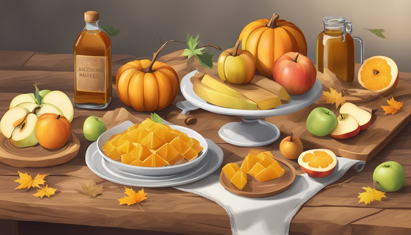 A rustic kitchen counter with various natural sweeteners (honey, maple syrup, agave nectar) and seasonal fruits (apples, pumpkins) scattered around