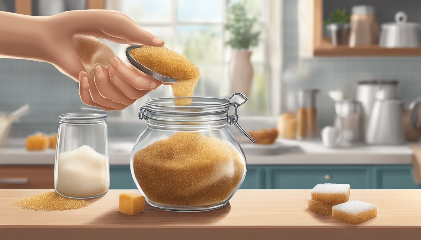 A hand pouring date sugar from a bag into a glass jar on a kitchen counter