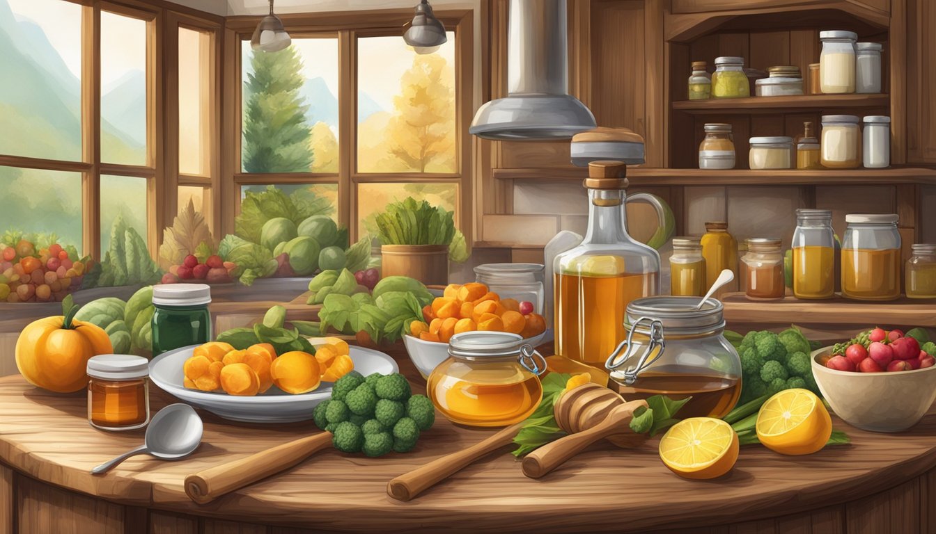 A rustic kitchen table with an assortment of natural sweeteners like honey, maple syrup, and agave nectar, surrounded by seasonal fruits and vegetables