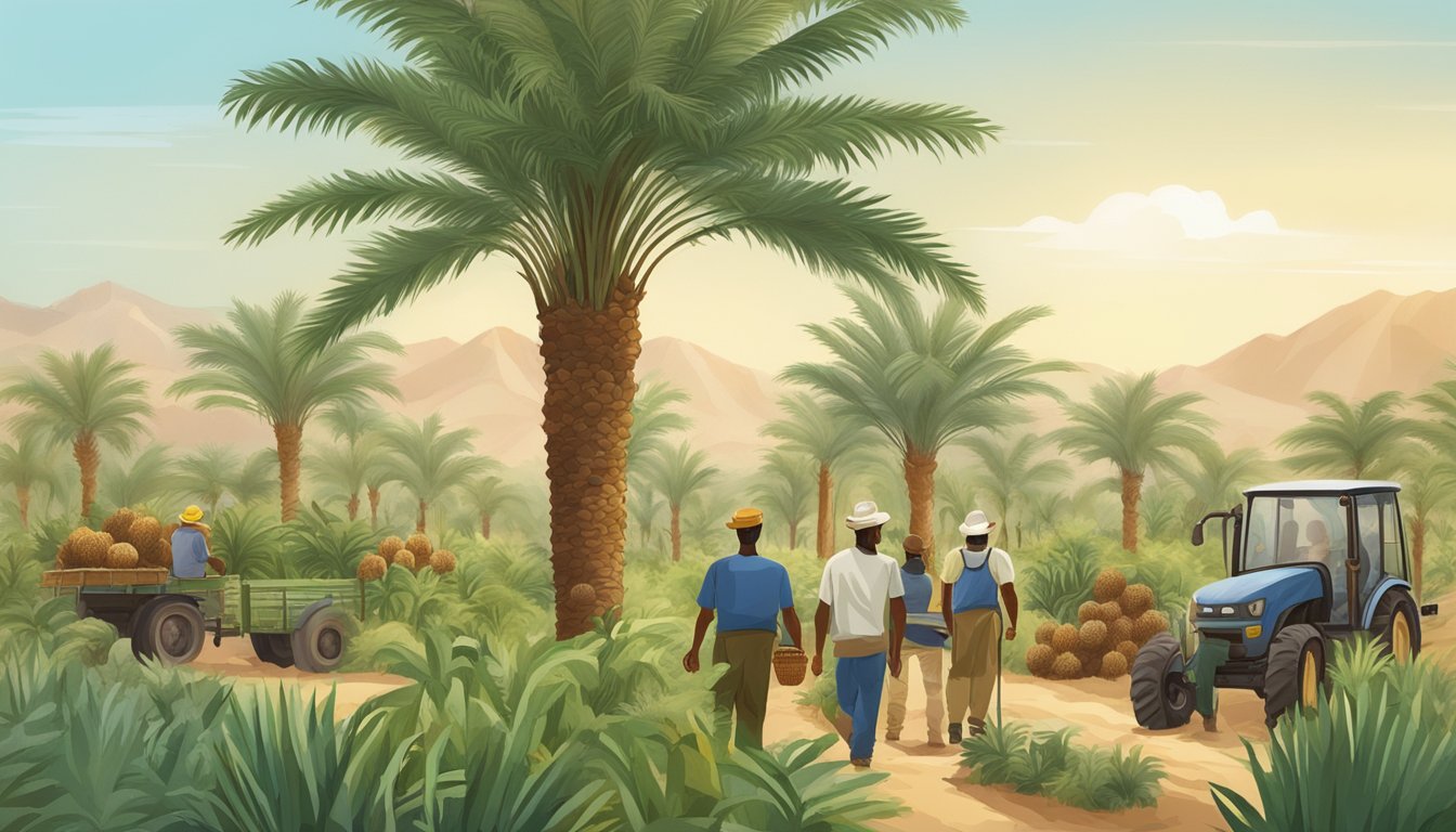 A lush date palm orchard with workers harvesting fruit, surrounded by diverse wildlife and sustainable farming practices