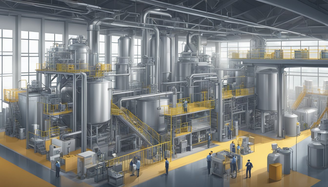 A modern industrial facility producing erythritol with large machinery and workers monitoring the production process