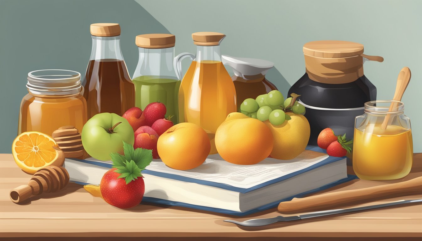 A kitchen counter with assorted fruits, honey, and maple syrup, surrounded by recipe books and measuring utensils