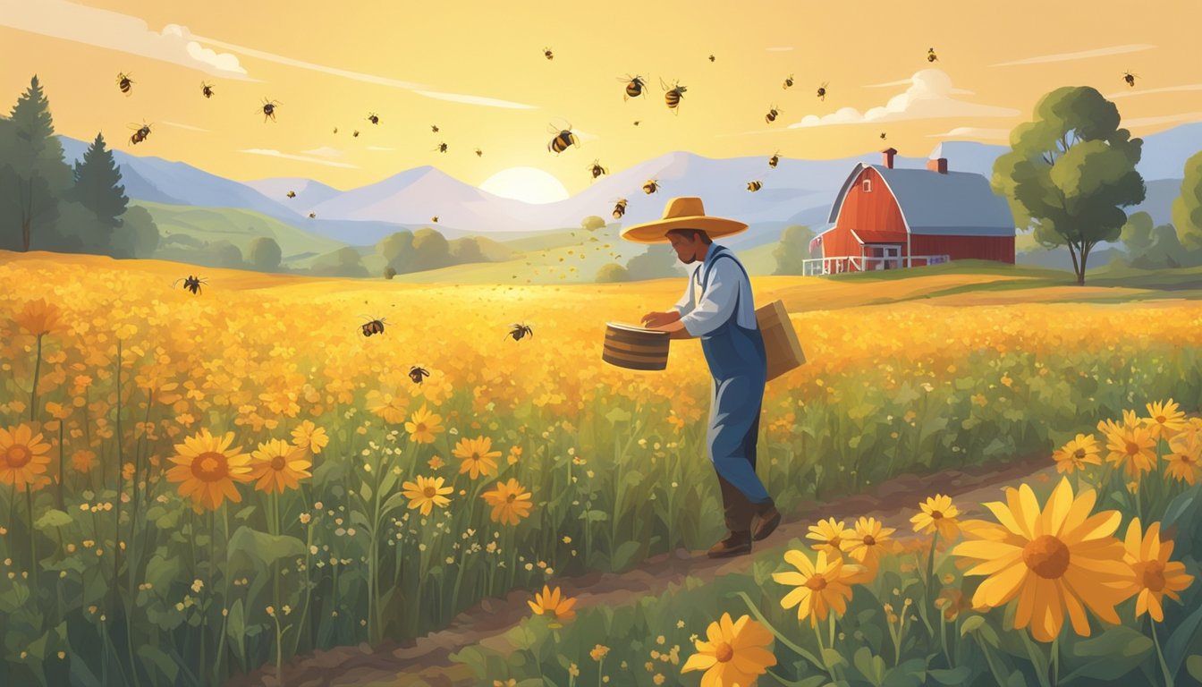 A sunlit field with bees buzzing around blooming wildflowers, while a farmer carefully harvests honey from sustainable hives