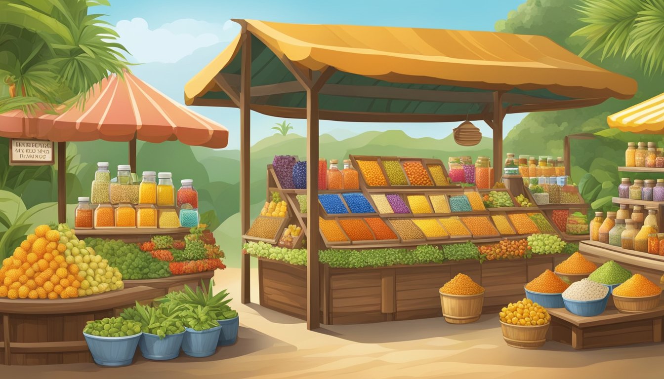 A vibrant market stall displays a variety of exotic natural sweeteners, including honey, agave nectar, and stevia. Fruits and plants adorn the background, evoking a healthy and diverse diet