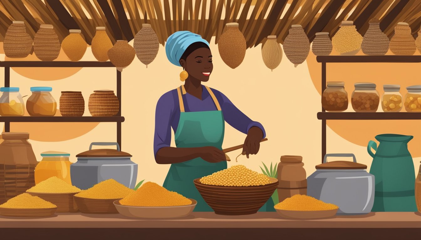 African market stall with baskets of honey, dates, and palm sugar. Woman cooking with natural sweeteners in traditional kitchen