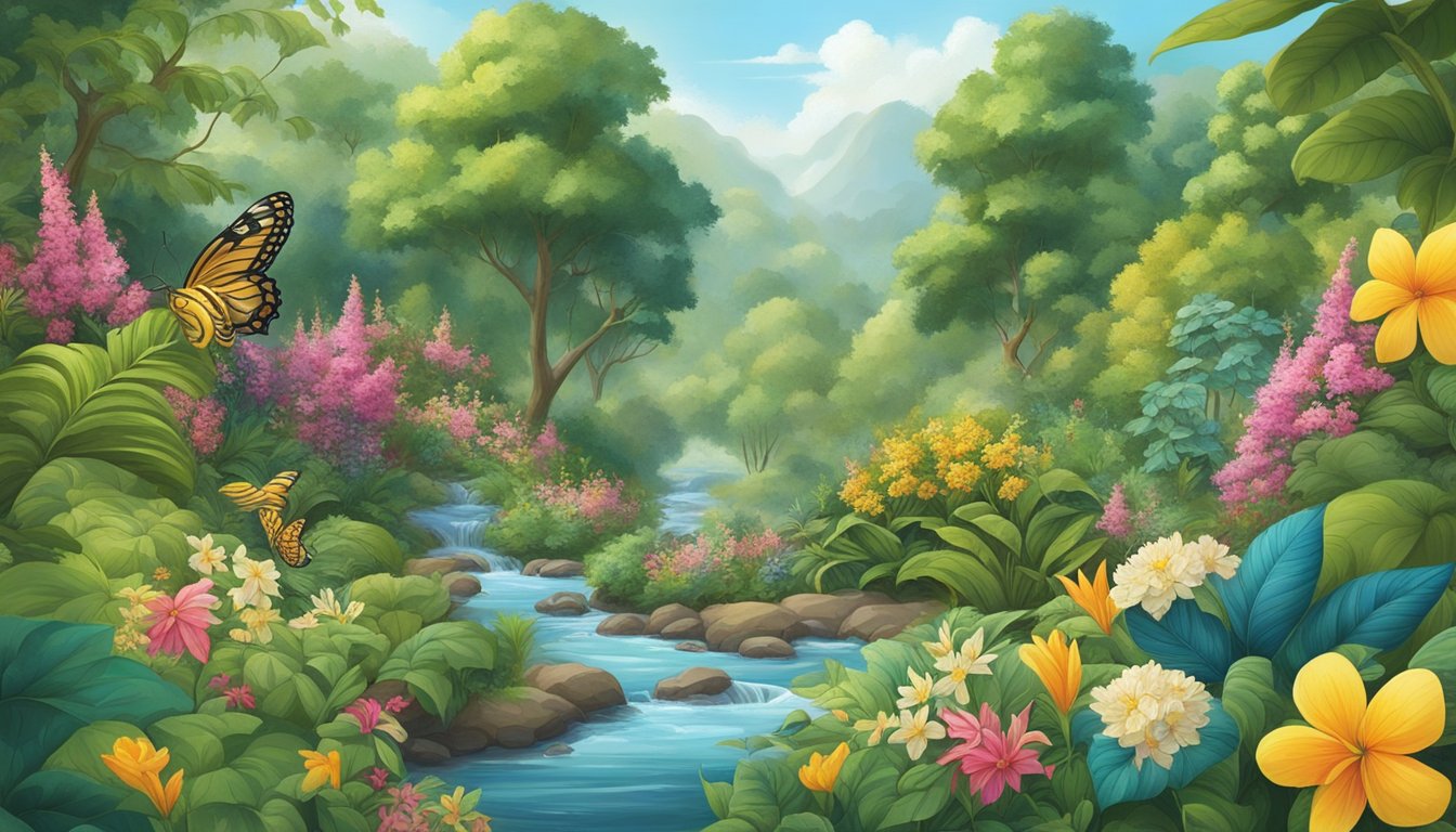 A lush, vibrant forest filled with exotic plants and fruits, with a clear stream winding through the landscape. Bees and butterflies flit among the flowers, creating a sense of natural sweetness