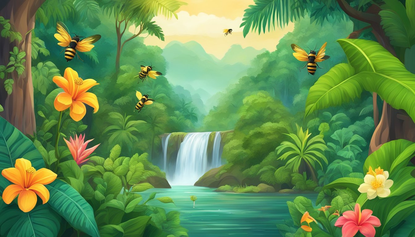 A lush tropical forest with vibrant plants and exotic fruits, bees buzzing around collecting nectar, and a serene waterfall in the background