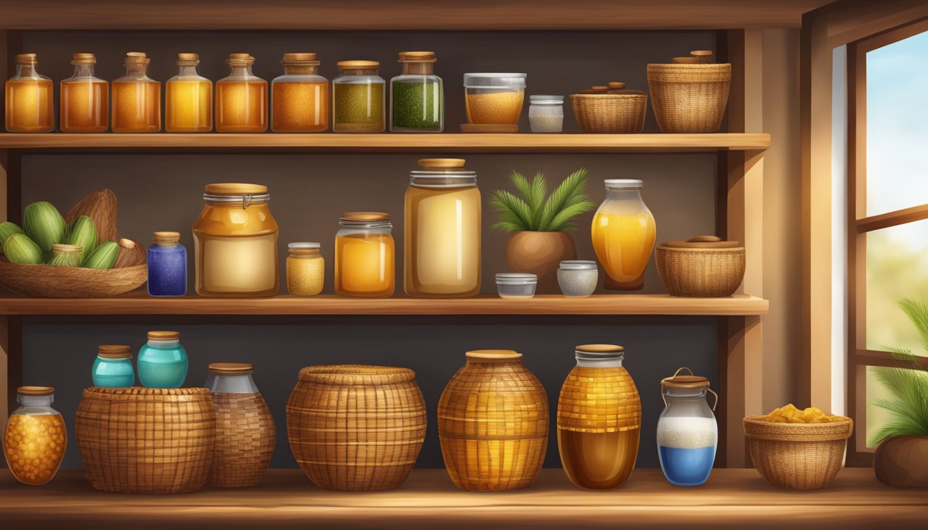 A traditional African kitchen with a variety of natural sweeteners like honey, palm sugar, and dates displayed on wooden shelves and woven baskets