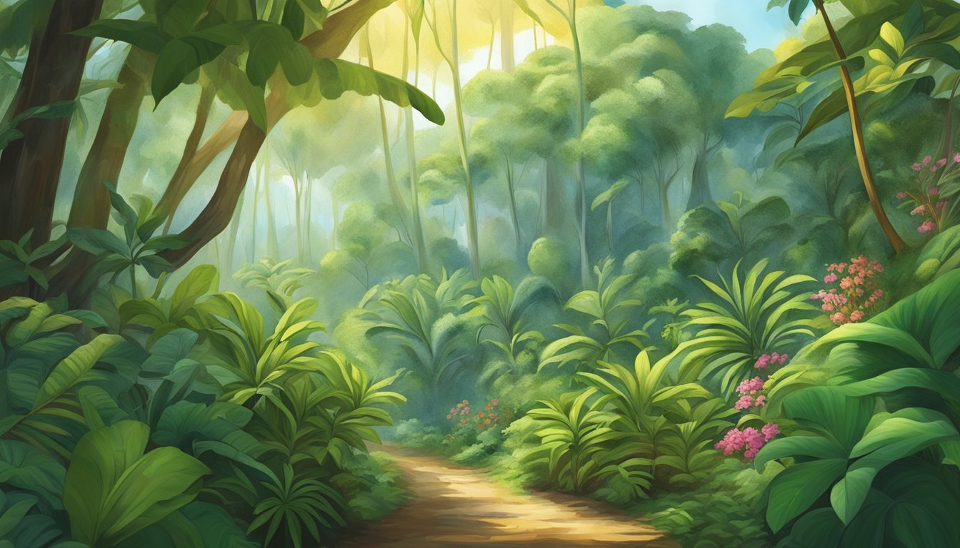 A lush tropical forest with diverse plants and trees, including lesser-known natural sweeteners like stevia, monk fruit, and yacon. Sunlight filters through the canopy, illuminating the vibrant colors of the flora