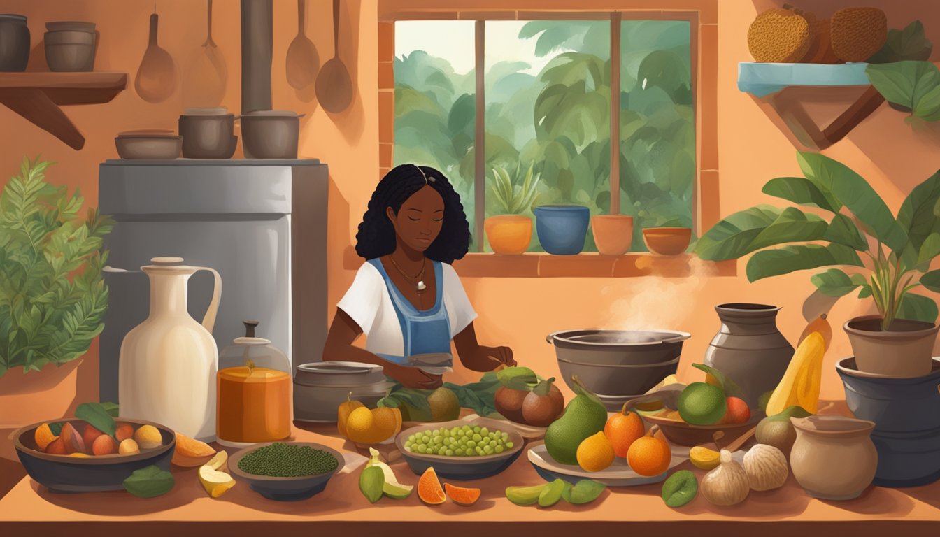 A traditional African kitchen with various indigenous fruits and plants, a pot simmering on a wood fire, and a woman adding natural sweeteners to a dish