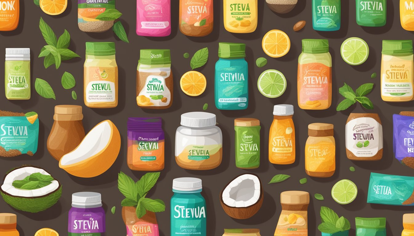 A variety of less common natural sweeteners, such as stevia, monk fruit, and coconut sugar, arranged in a colorful and vibrant display