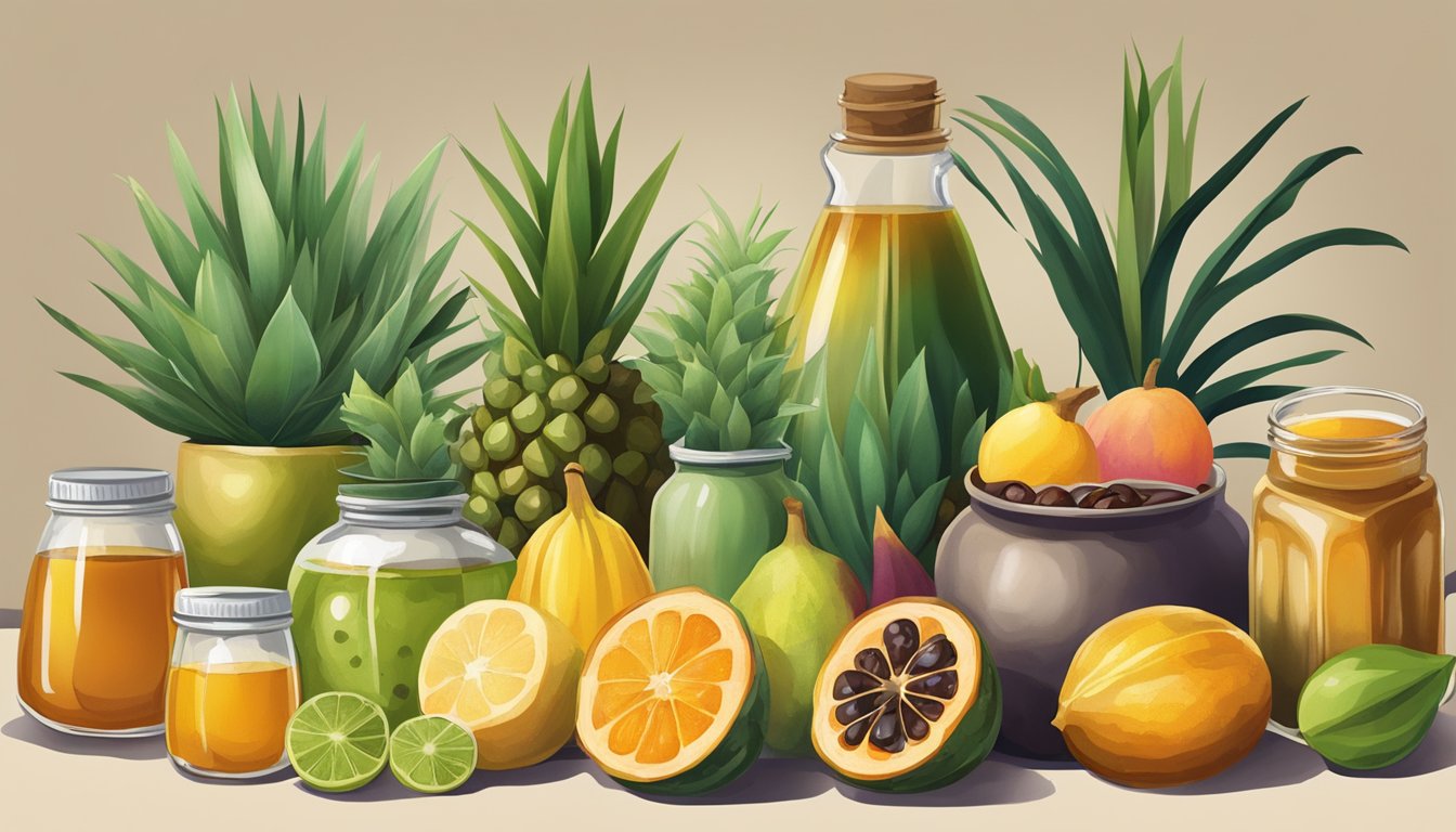 A table filled with various exotic fruits and plants, alongside jars of less common natural sweeteners like agave nectar and monk fruit extract