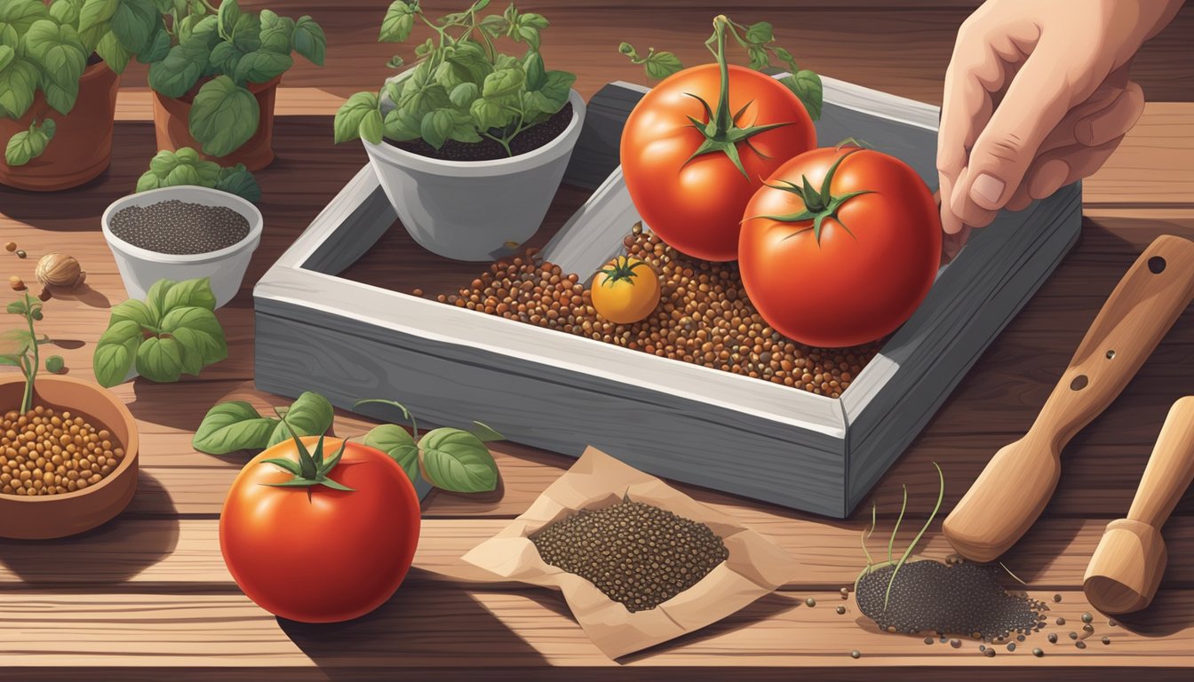 A hand holding a ripe tomato, surrounded by various seeds, seed packets, and gardening tools on a wooden table