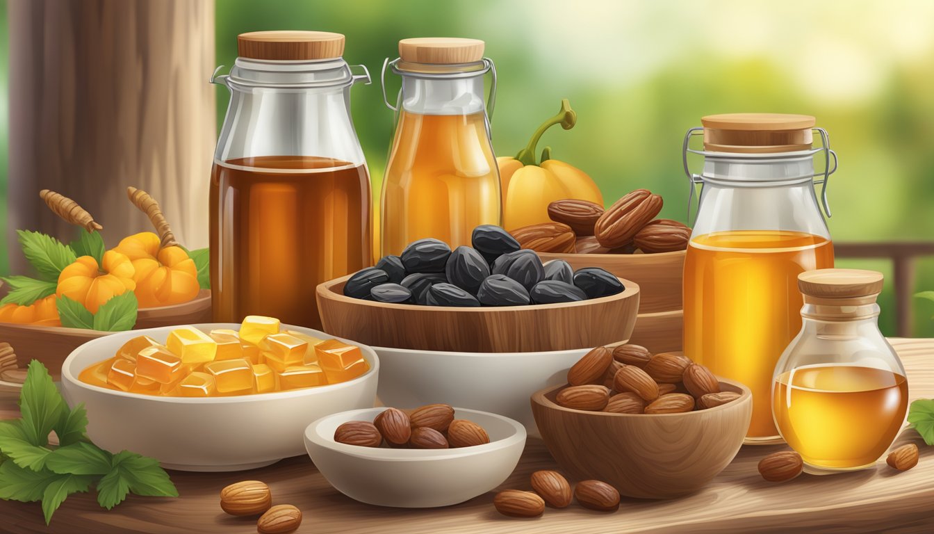 A variety of natural sweeteners such as honey, maple syrup, and dates displayed on a wooden table surrounded by fresh fruits and vegetables