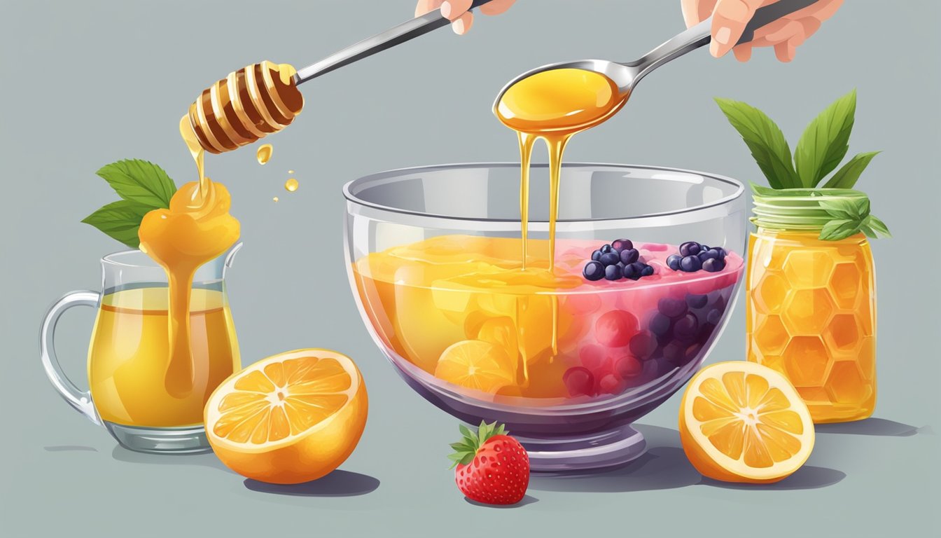 A variety of colorful fruit purees being poured into a mixing bowl, with a spoonful of honey being added for sweetness