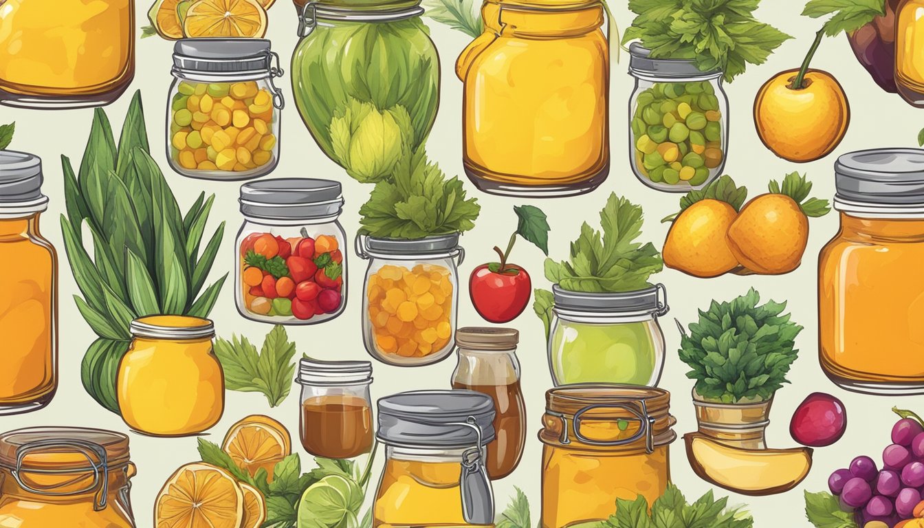 A colorful array of raw fruits and vegetables, surrounded by jars of natural sweeteners like honey, agave, and maple syrup