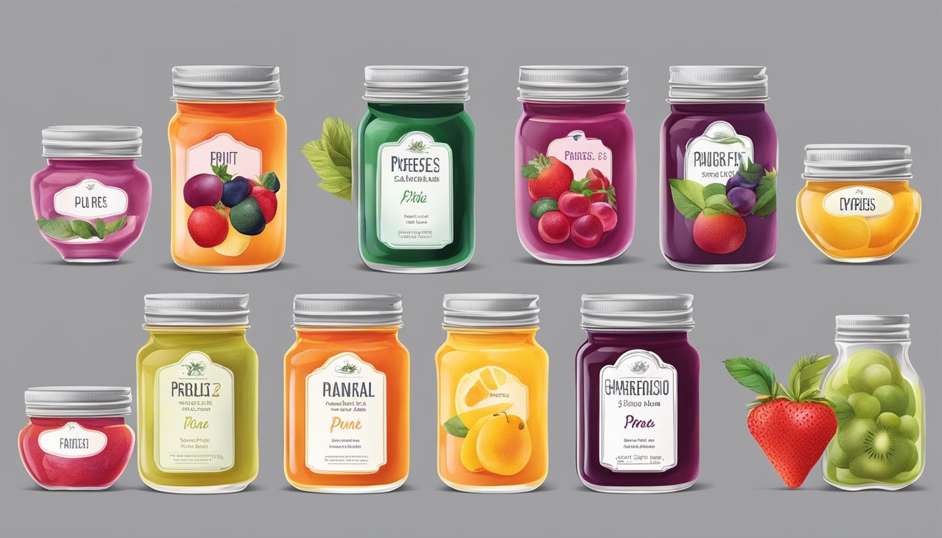 A variety of fruit purees arranged in glass jars, showcasing their vibrant colors and textures. Each puree is labeled with the name of the fruit and its unique characteristics