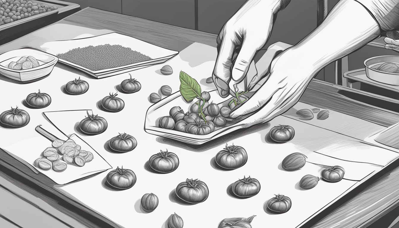 Seeds being carefully scooped from a ripe tomato and placed into a small paper packet, ready for planting