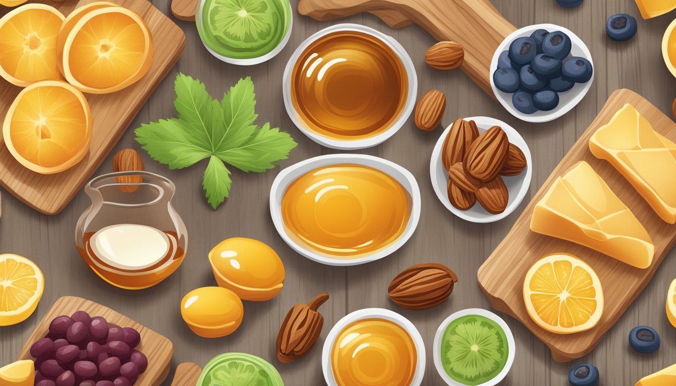 A variety of natural sweeteners, such as honey, maple syrup, and dates, are arranged next to a colorful array of fresh fruits and vegetables on a wooden cutting board