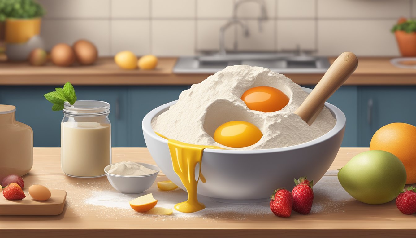 A mixing bowl filled with flour, eggs, and fruit puree, surrounded by fresh fruits and a rolling pin on a wooden countertop