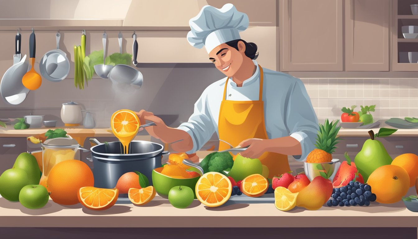 A chef pouring a vibrant fruit puree into a saucepan, surrounded by fresh fruits and various cooking utensils on a kitchen counter