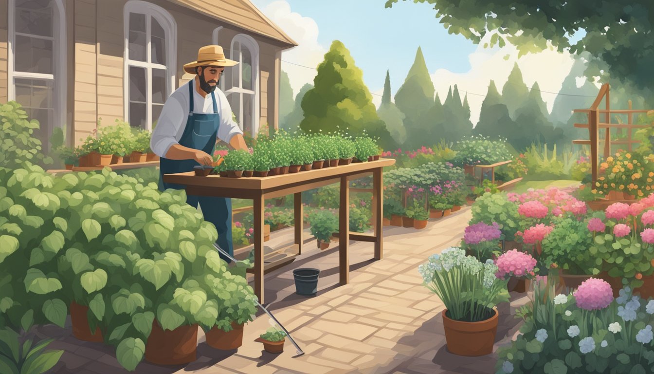 A gardener tending to a row of plants, watering and pruning, with a table nearby holding packets of seeds and gardening tools