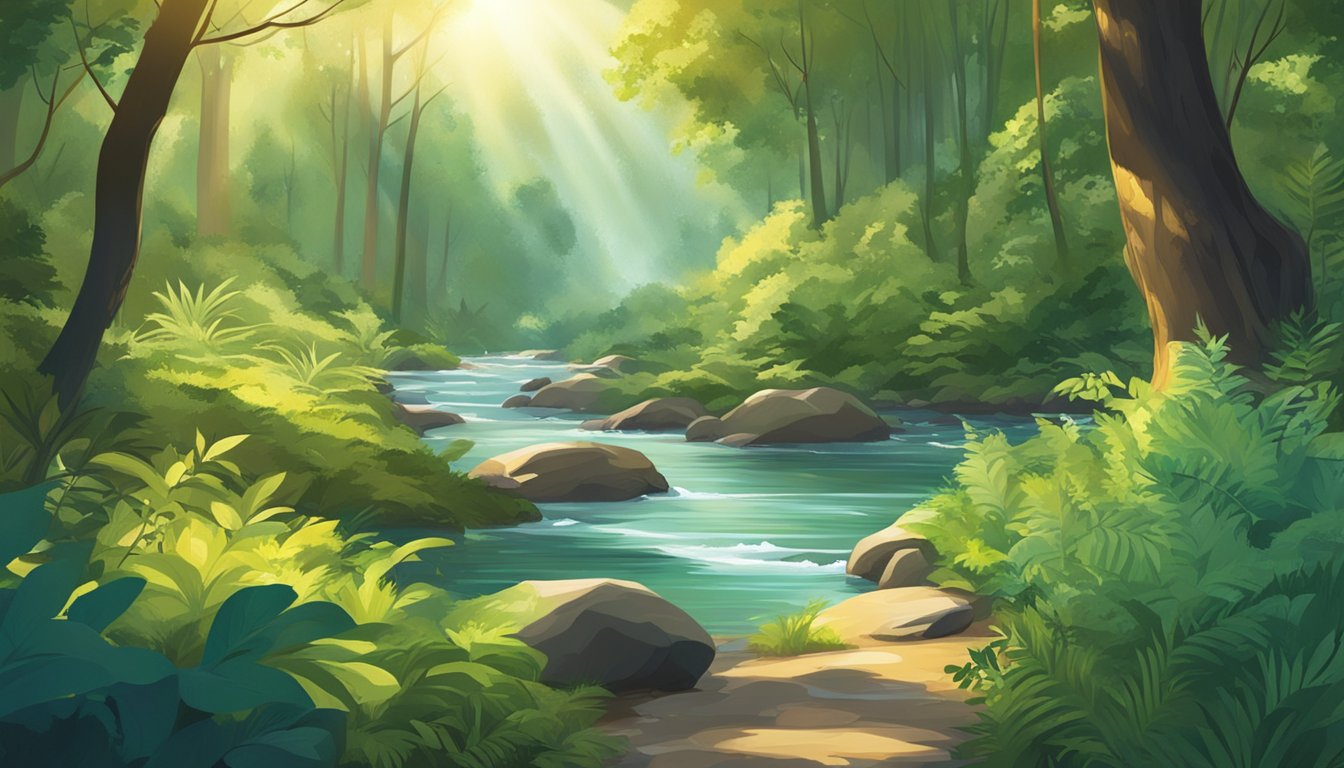 A lush forest with a flowing river, surrounded by diverse plant life and buzzing with wildlife. The sun shines through the canopy, casting dappled light on the scene