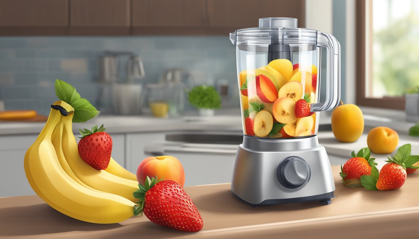 A variety of fruits (e.g. strawberries, peaches, bananas) are being pureed into a smooth, thick liquid in a food processor