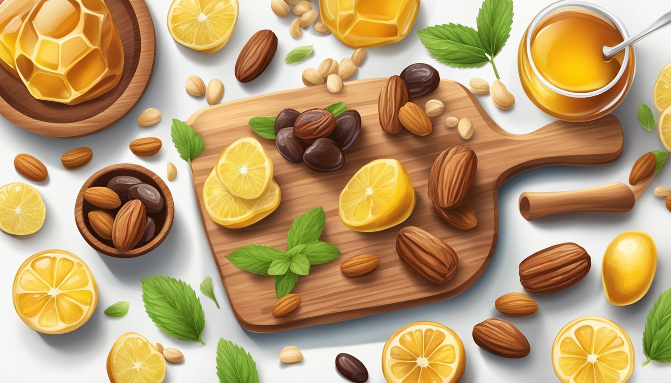 A variety of natural sweeteners such as honey, dates, and stevia arranged on a wooden cutting board with fresh fruits and raw nuts scattered around