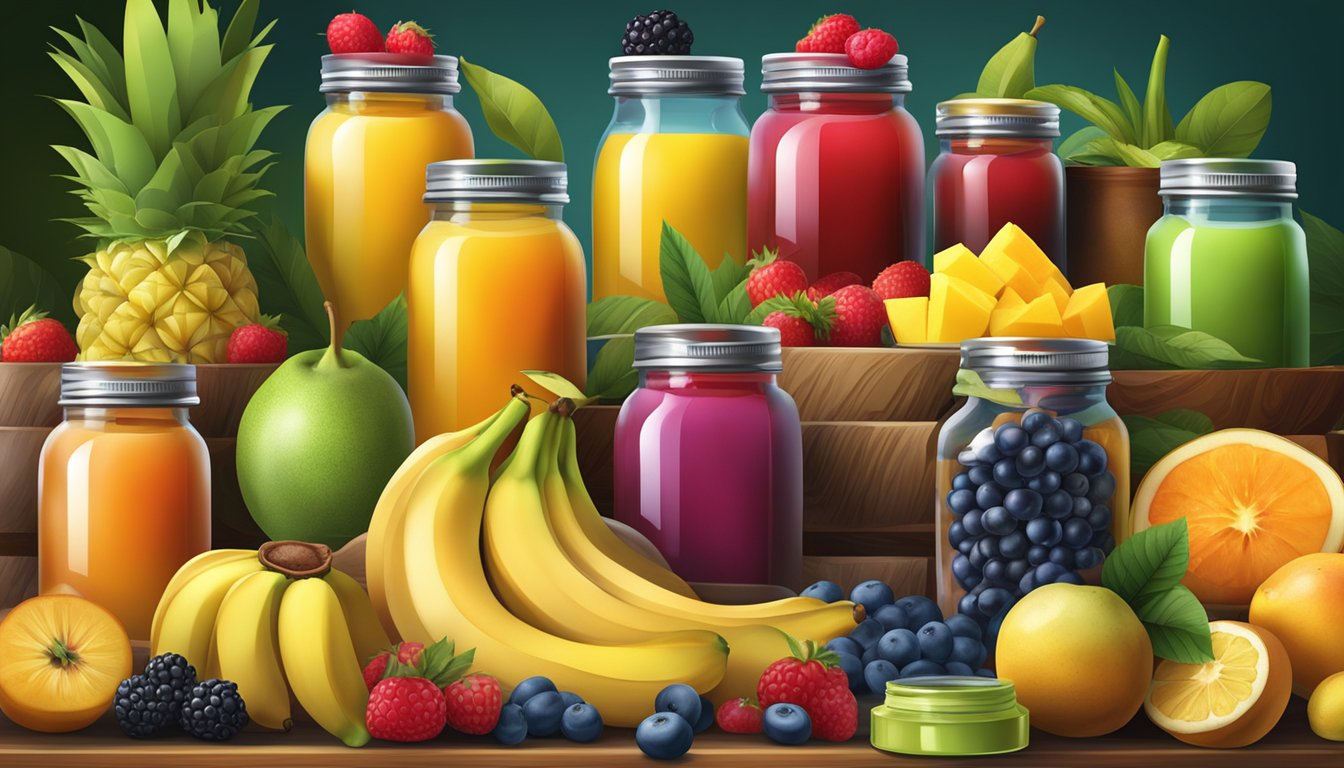 A variety of fruits, including berries, bananas, and mangos, are arranged in a colorful display, surrounded by jars of fruit purees