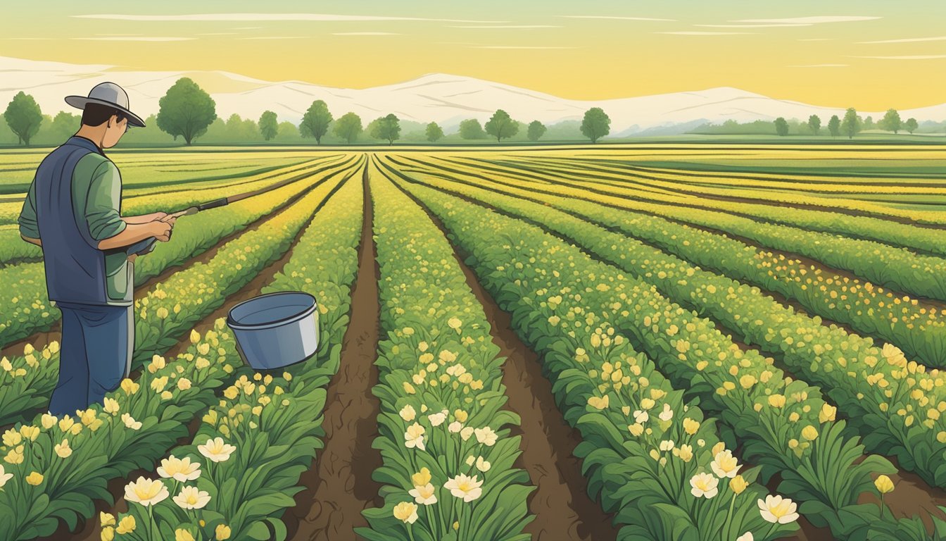 A farmer inspecting a field of blooming plants, with a technician taking samples for certification