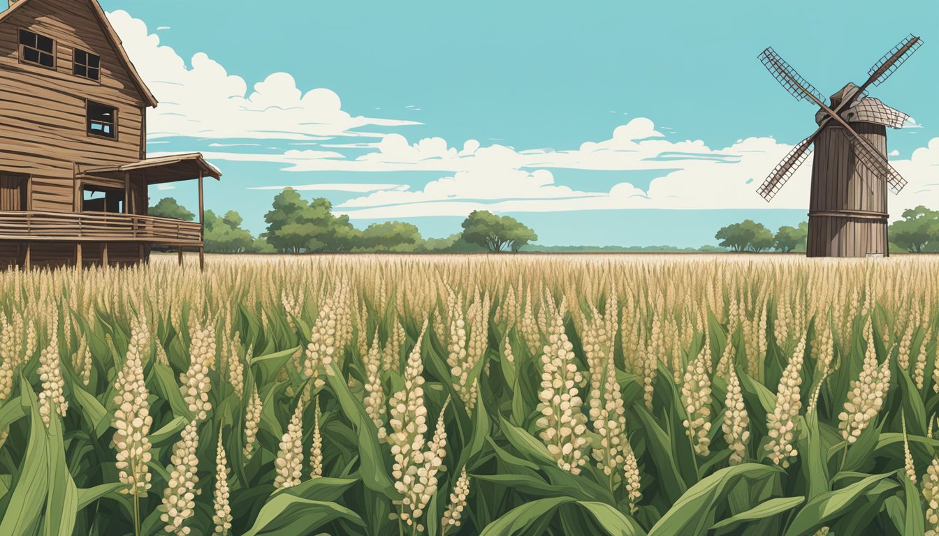 A field of tall sorghum plants swaying in the breeze, with a rustic wooden mill in the background, and a clear blue sky overhead