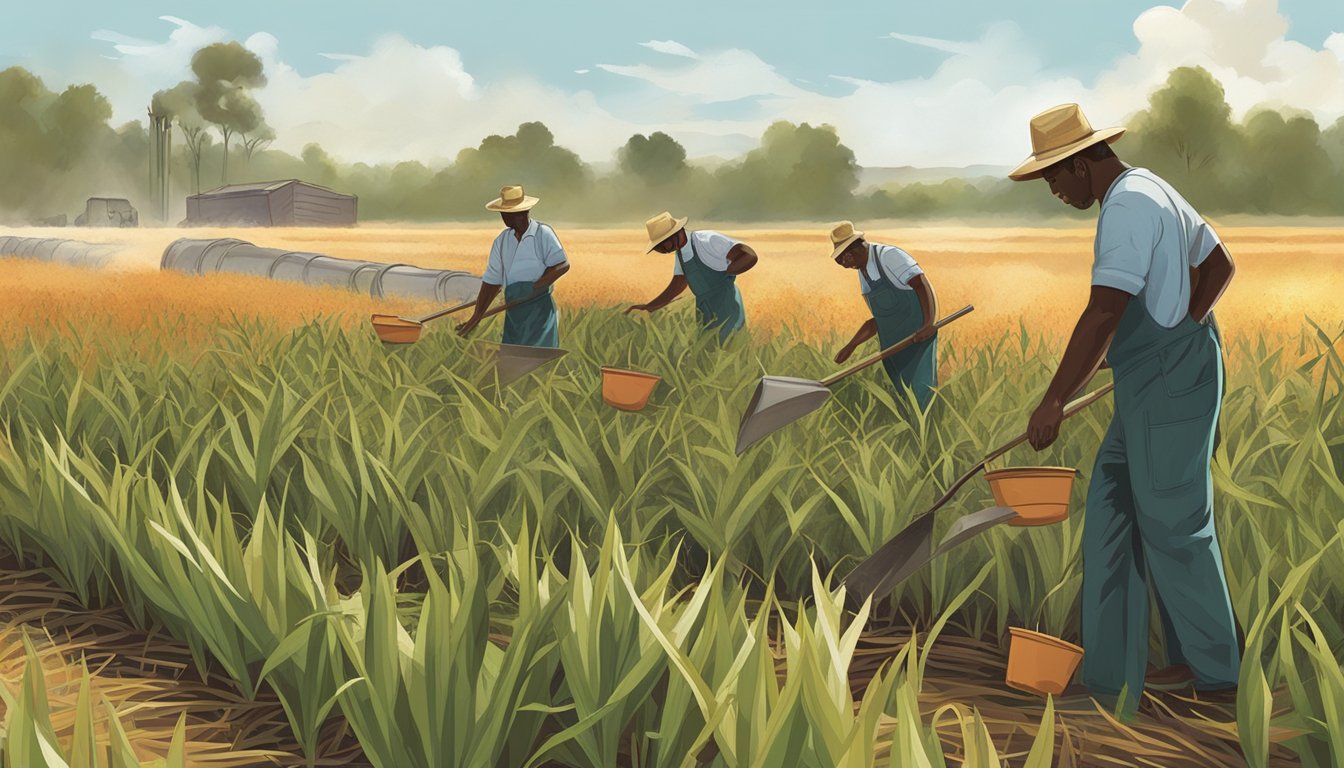 A field of mature sorghum stalks being cut and gathered, with workers boiling the syrup in large vats