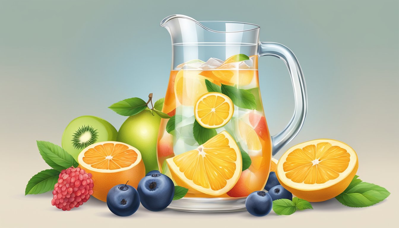 A pitcher of water surrounded by fresh fruits and natural sweeteners, with a clear glass filled with a refreshing and hydrating drink