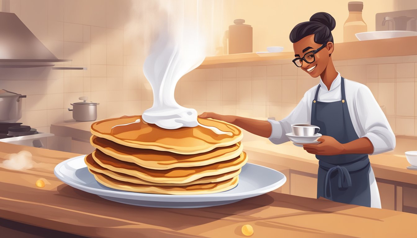 A chef pours sorghum syrup over a stack of fluffy pancakes