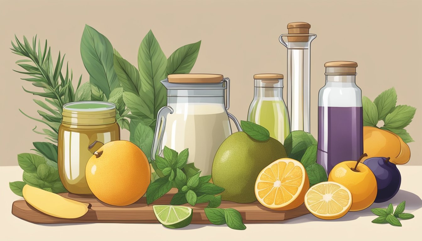 A variety of natural ingredients, such as fruits and herbs, are being blended together in a kitchen to create homemade sweeteners for health-conscious consumers