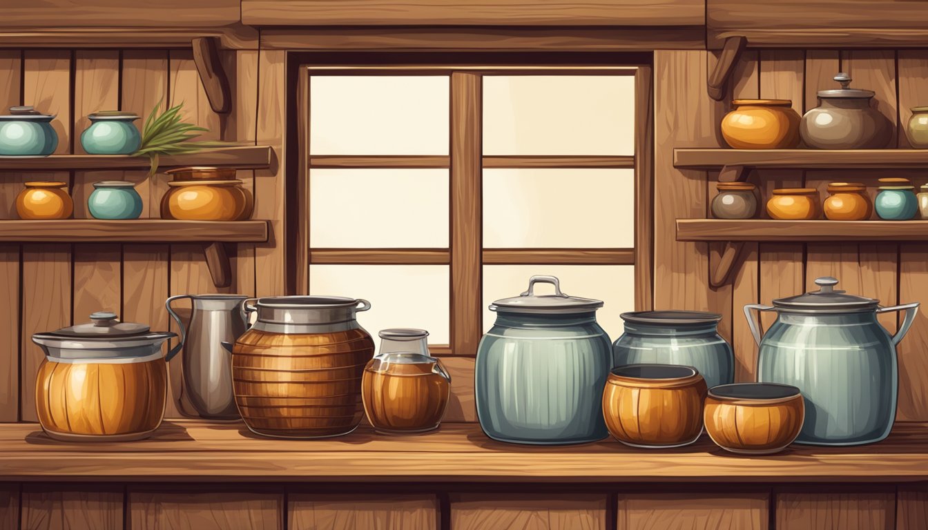 A rustic kitchen with jars of sorghum syrup on wooden shelves, surrounded by stalks of sorghum and a vintage cooking pot