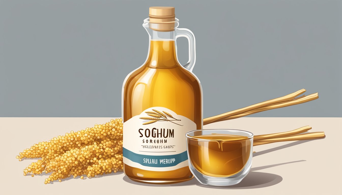 A glass jar of golden sorghum syrup next to a bundle of sorghum stalks, with a spoonful of syrup dripping down the side