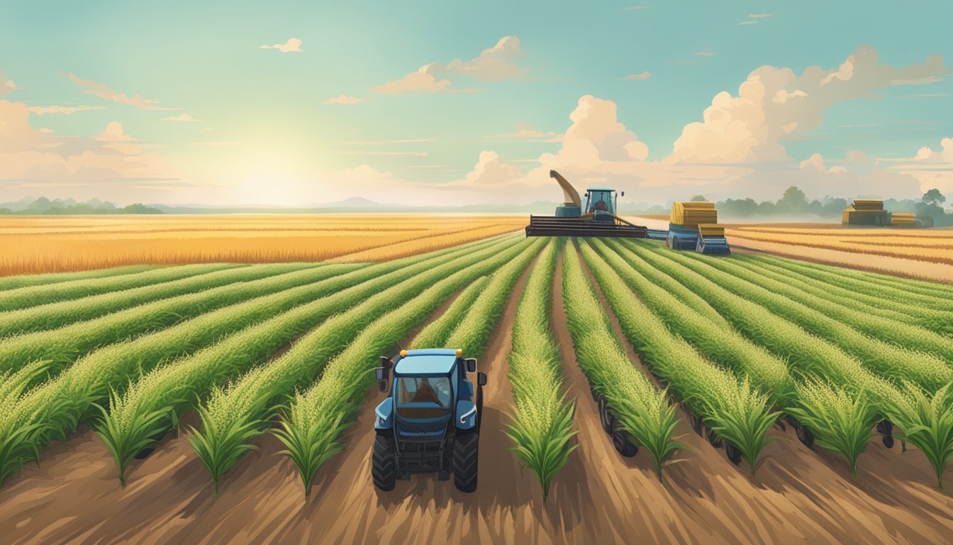 A lush field of sorghum plants stretching to the horizon, with workers harvesting the crop and loading it onto trucks for transport to the global market