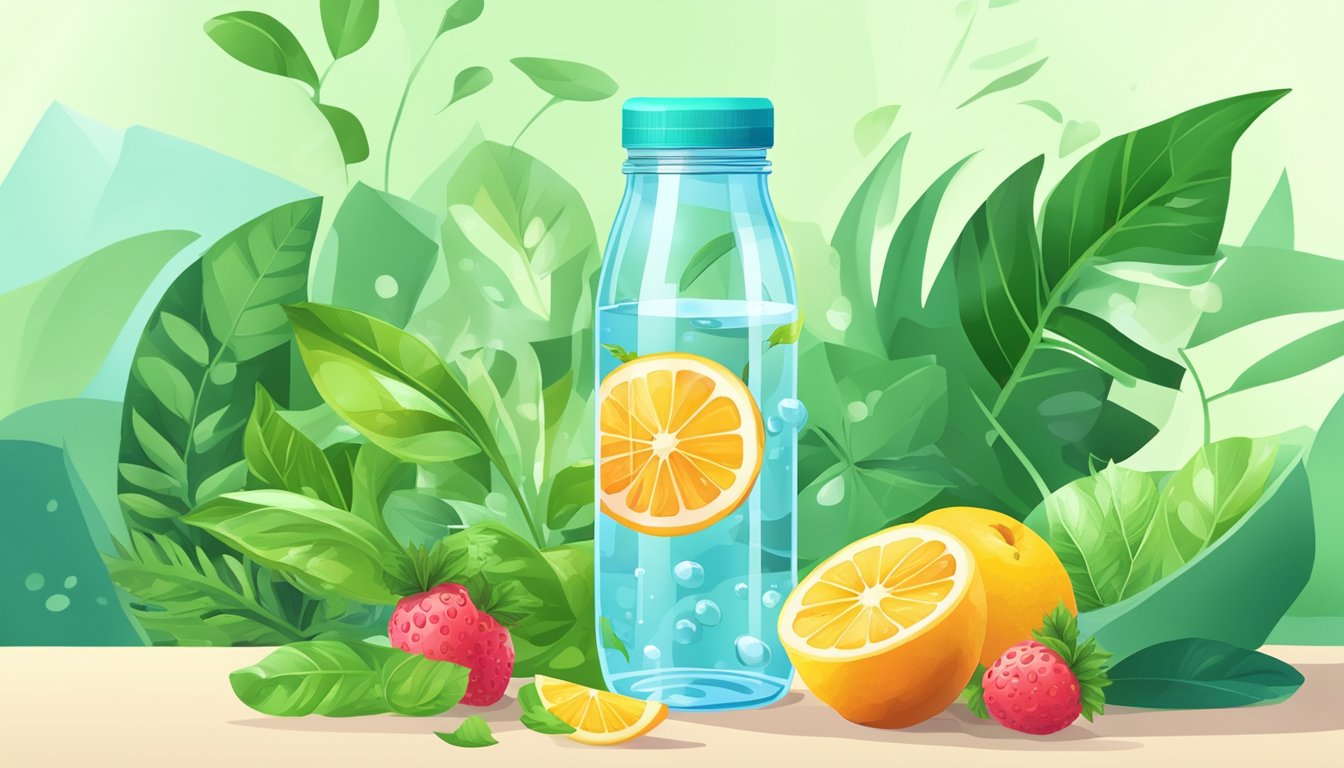 A refreshing glass of water with slices of natural sweet fruits floating in it, surrounded by vibrant green plants and a reusable water bottle